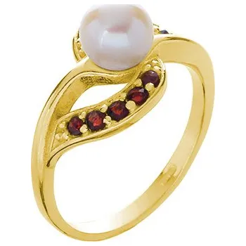 Prsten Stříbrný prsten s českým granátem a perlou, zlacený - vlnka Velikost: 52