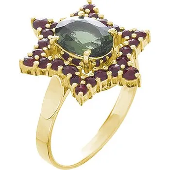 Prsten Stříbrný prsten s českým granátem a vltavínem, zlacený - hvězda Velikost: 57