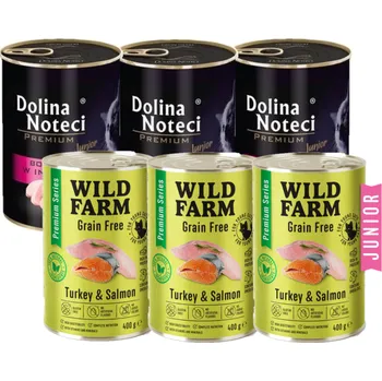 Krmivo pro kočku Dolina Noteci Premium Junior pro kočky s vysokým obsahem krůtího masa 3x400g + WILD FARM Premium Grain Free Turkey and Salmon 3x400g