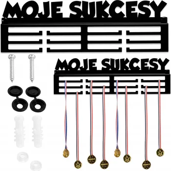 Věšák DRŽÁK NA MEDAILE NA ZEĎ MOJE ÚSPĚCHY KOVOVÝ ČERNÝ KOLÍKY ZÁSLEPKY 40 cm