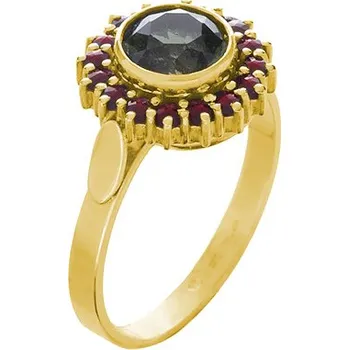 Prsten Stříbrný prsten s českým granátem a vltavínem, zlacený - květina Velikost: 60