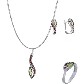 Souprava šperků Stříbrný set šperků 1228 s českým granátem a vltavínem, rhodiovaný - vlnka Velikost: 53, Zapínání: puzeta, Délka řetízku: 45 cm