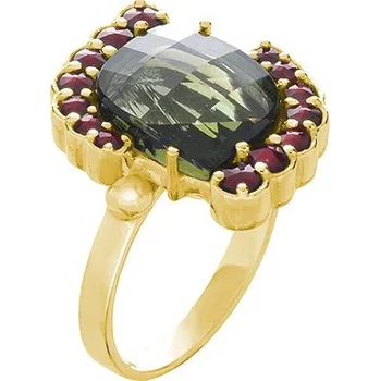 Prsten Stříbrný prsten s českým granátem a vltavínem, zlacený - obdélník Velikost: 61