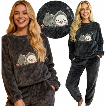 Dámské pyžamo Teplé dámské pyžamo - Mikina a kalhoty s výšivkou tučňáka, grafitová barva, velikost S