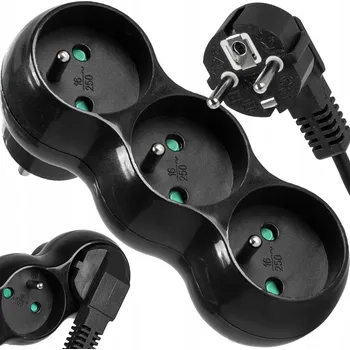 Elektrická zásuvka Rozdvojka rozbočka 3 zásuvky s uzemněním, černá, dlouhý