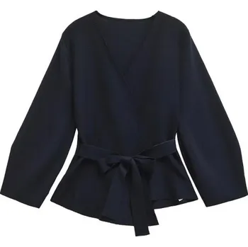 Dámské sako Dámské elegantní sako s páskem na zavázání Jednobarevné sako s výstřihem do V z polyesteru Stylový kabátek v různých barvách pro práci i společenské události tmavě modrá S
