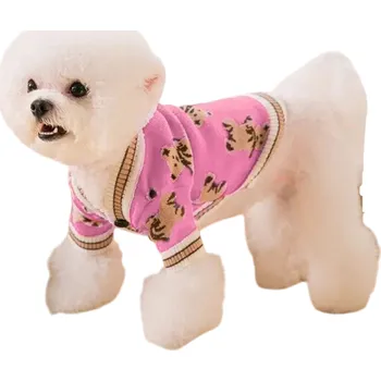 Obleček pro psa Svetřík pro psa 7,5–10 kg Velikost XXL 55 cm hrudník 42 cm délka Teplý pletený obleček s obrázky medvídků a zapínáním na tři knoflíky růžová