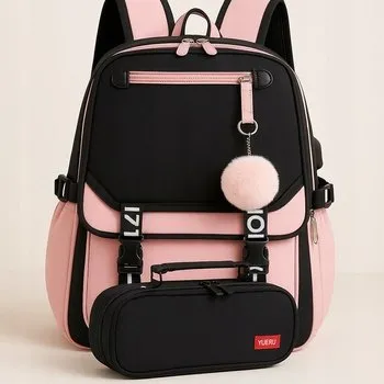 Batoh černo-růžový školní + pouzdro na tužky