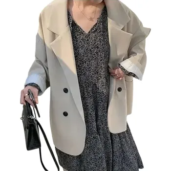 Dámské sako Dámské elegantní sako s límečkem a kapsami Jednobarevné sako na knoflíky z polyesteru Stylový kabátek v různých barvách pro práci i volný čas béžova XXL