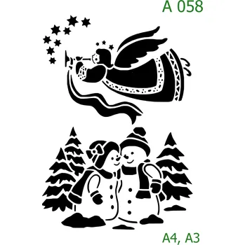 Plastová šablona pro malování - Vánoce - Anděl se sněhuláky (A058) - A4 , Nelepící folie