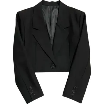 Dámské elegantní sako s límečkem a kapsami Jednobarevné společenské sako na knoflíky z bavlny a polyesteru Stylový kabátek v různých barvách černá M