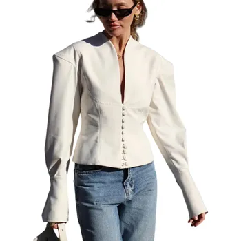 Dámské sako Dámské elegantní sako s volánky a zapínáním na knoflíky Jednobarevné sako z polyesteru Stylový kabátek v různých barvách pro kancelář i společenské akce bílá L