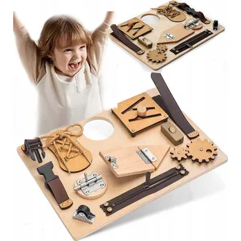 Dřevěná hračka MANIPULAČNÍ DESKA ZÁMKY DŘEVĚNÁ PRO VÝUKU ŠNĚROVÁNÍ SENZORICKÁ