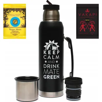 Termoska Velká Termoska na Maté Zelená 1,3 L Yerba Káva Čaj NEPROPUSTNÁ Nerezová Ocel Černá 1300ml