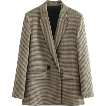 Dámské šedé elegantní sako s proužky a límečkem Jednobarevné sako s kapsami a zapínáním na knoflíky z polyesteru Stylový kabátek pro kancelář XS