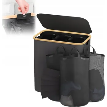 Koš na prádlo Bambusový koš na prádlo 156L – 3 přihrádky – Víko – Organizér na prádlo