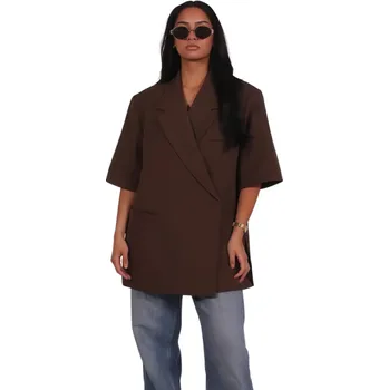 Dámské sako Dámské elegantní sako s límečkem a krátkým rukávem Jednobarevné sako z polyesteru a bavlny Stylový letní kabátek v různých barvách pro práci i volný čas hnědá S