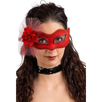 Karnevalová maska Carnival Toys Červená škraboška s kamínky, květinou a tylem