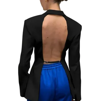 Dámské elegantní sako s límečkem a kapsami Jednobarevné sako s průřezem na zádech a utahovací přezkou z polyesteru a spandexu Stylový kabátek černá L