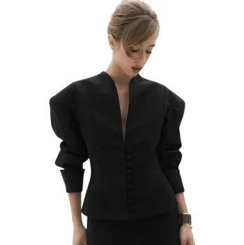 Dámské sako Dámské elegantní sako s volánky a zapínáním na knoflíky Jednobarevné sako z polyesteru Stylový kabátek v různých barvách pro kancelář i společenské akce černá M