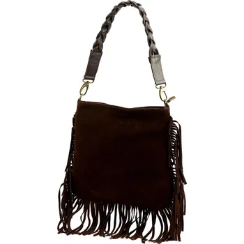 Kabelka Semišová kožená kabelka BOHO s třásněmi LUKA tmavě hnědá