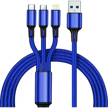 3v1 rychlonabíjecí nylonový kabel 1,2 m – USB-C / Lightning / Micro USB Barva: Modrá IR-N31-04