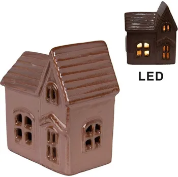 Vánoce Clayre & Eef Hnědo-růžový keramický svítící LED domek - 10*6*11 cm