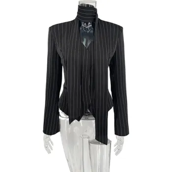 Dámské sako Dámské elegantní sako s límečkem a proužky Jednobarevné sako z polyesteru Stylový kabátek v různých barvách s jemným vzorem pro práci i společenské akce černá M