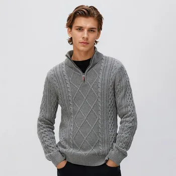 Pánský svetr Reserved - Rolák pletený v&nbsp;copánkovém vzoru - středně šedá - 944GC-85M - 944GC-85M-S