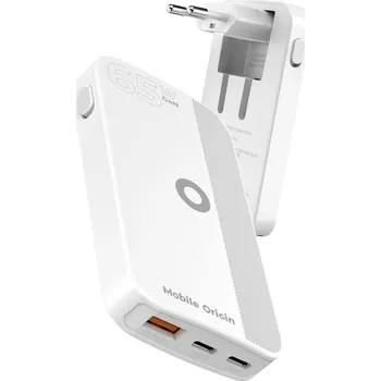 65W GaN nabíječka do sítě Mobile Origin III Slim Charger dual USB-C a USB-A - bílá