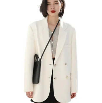 Dámské sako Dámské elegantní sako s límečkem a knoflíky Jednobarevné společenské sako z polyesteru, spandexu a rayonu Stylový kabátek v různých barvách béžova S