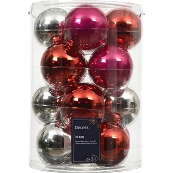 Vánoční ozdoba Sada 16 skleněných vánočních baněk červené růžové stříbrné 8 cm