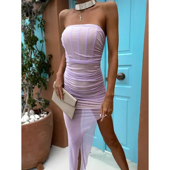 Dámské šaty Fialové elegantní šaty ENSENT bez ramínek Velikost: M/L