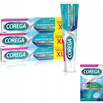 Péče o zubní náhradu Corega Fixační krém na zubní protézy Silný Jemně Mátový 3x70g + Dárek