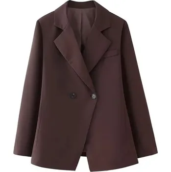 Dámské hnědé sako s límečkem a kapsami Elegantní jednobarevné sako na knoflíky z polyesteru Stylový kabátek pro podzimní a zimní sezónu M