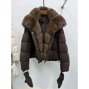 Dámská parka Best Fashion Dámská péřová bunda s límcem z liščí kožešiny Velikost: S, Barva (Varianta): Hnědá