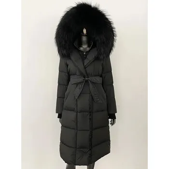 Dámská parka Best Fashion Dámská dlouhá péřová bunda s páskem a kožešinovým límcem Velikost: M, Barva (Varianta): Černá