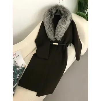 Dámský kabát Best Fashion Dlouhý pletený kabát s límcem z liščí kožešiny Velikost: ONE SIZE, Barva (Varianta): colour4