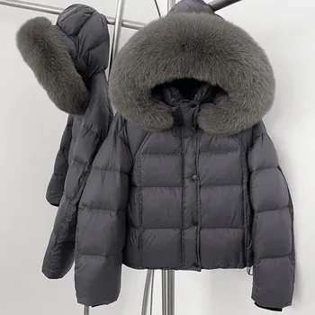 Dámská parka Best Fashion Dámská péřová bunda s kapucí a límcem z liščí kožešiny Velikost: M, Barva (Varianta): Deep Grey