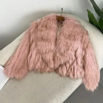 Dámský kabát Best Fashion Krátký dámský kabátek s límcem z mývalí kožešiny a pletenými rukávy Velikost: ONE SIZE, Barva (Varianta): Růžová