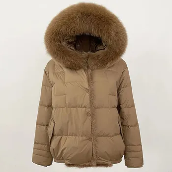 Dámská parka Best Fashion Dámská prošívaná bunda s kapucí a límcem z liščí kožešiny Velikost: M, Barva (Varianta): full camel