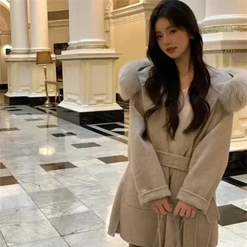 Dámský kabát Best Fashion Dámský dvouvrstvý vlněný kabát s páskem a kapucí Velikost: S, Barva (Varianta): Oatmeal