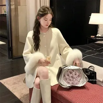 Dámský kabát Best Fashion Dámský kašmírový kabát s límcem z liščí kožešiny Velikost: L, Barva (Varianta): Béžová