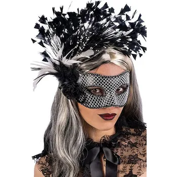 Karnevalová maska Carnival Toys Luxusní černo-stříbrná maska s ozdobami a peříčky