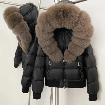 Dámská parka Best Fashion Zimní péřová bunda s kapucí a límcem z liščí kožešiny Velikost: S, Barva (Varianta): Black Brown