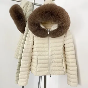 Dámská parka Best Fashion Dámská krátká péřová bunda s límcem z liščí kožešiny Velikost: L, Barva (Varianta): Beige brown
