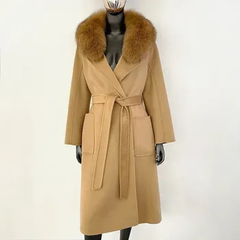 Dámský kabát Best Fashion Dámský dlouhý vlněný kabát s límcem z liščí kožešiny Velikost: S, Barva (Varianta): Světle hnědá