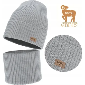 Čepice Šedá SADA MERINO VLNĚNÉ ŠÁLY ČEPICE NÁKRČNÍK podzimní jarní PRUHOVANÁ vel. 54-58