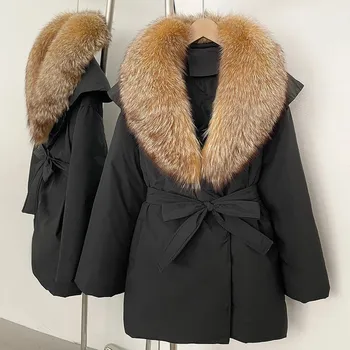 Dámská parka Best Fashion Dámská péřová bunda s límcem z liščí kožešiny a prošívaným vzorem Velikost: M, Barva (Varianta): Černo-zlatá