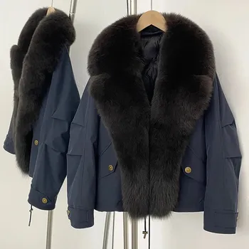 Dámská parka Best Fashion Dámská zimní péřová bunda s kapucí a límcem z liščí kožešiny Velikost: M, Barva (Varianta): Blue coffee